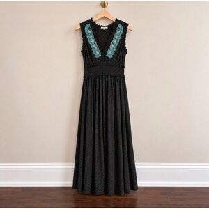 Mystree Black Polka Dot Embroidered V-Neck Smocked Maxi Dress Boho Sleeveless M